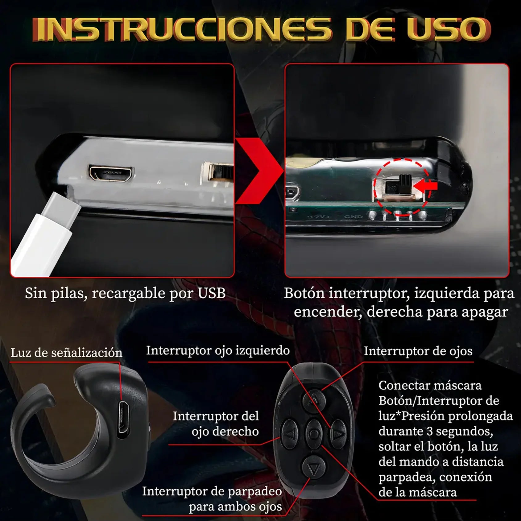 Máscara LED de Spider-Man con Control Remoto Ojos