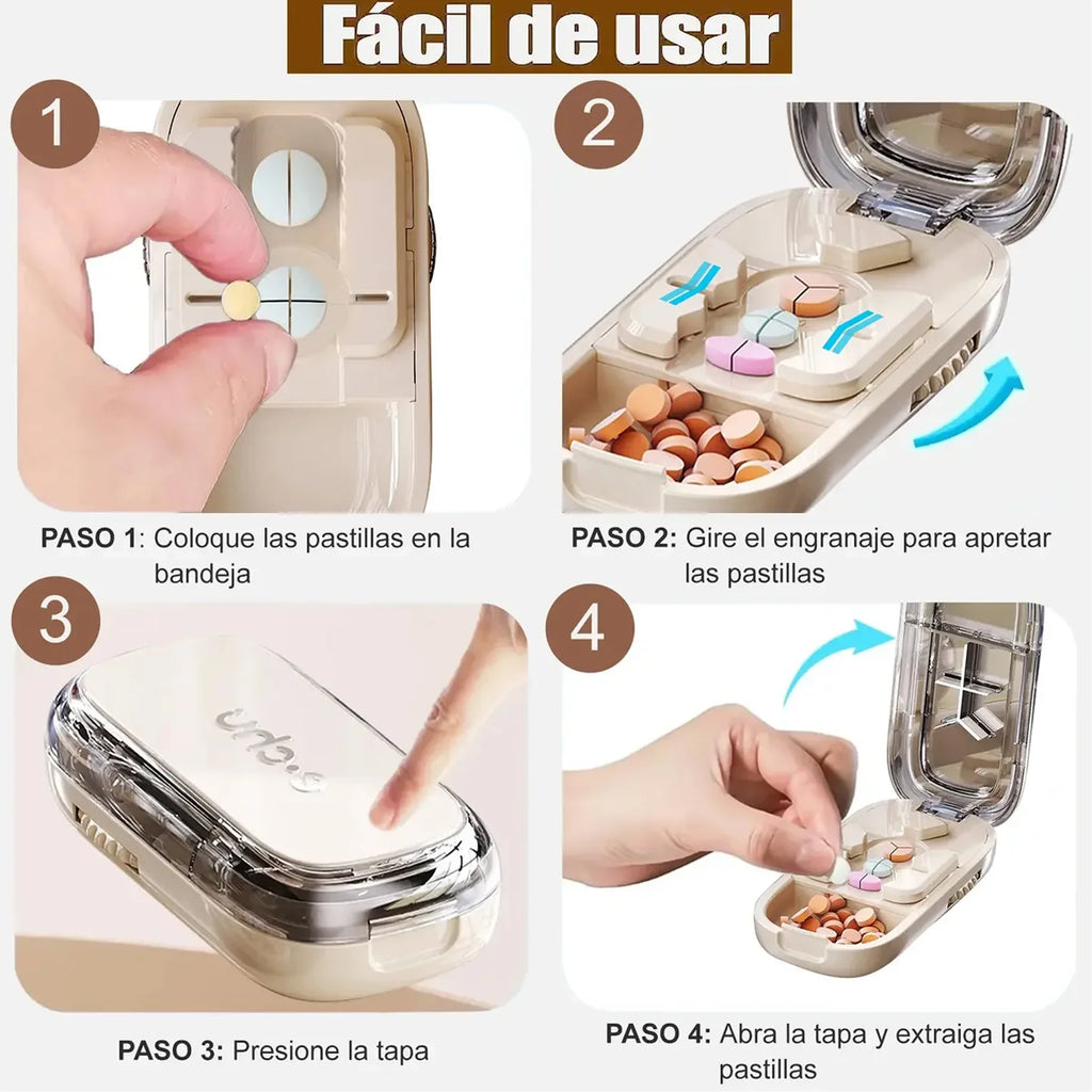 Pastillero Cortador Portátil 4 en 1 con Corte 1/2, 1/3 y 1/4