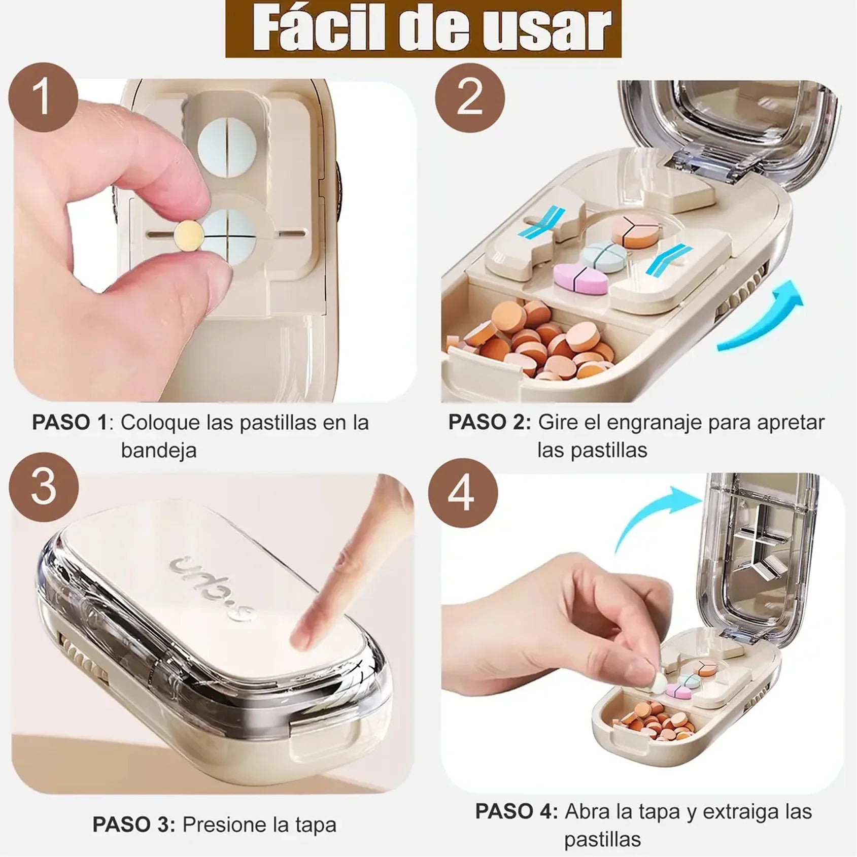 Pastillero Cortador Portátil 4 en 1 con Corte 1/2, 1/3 y 1/4