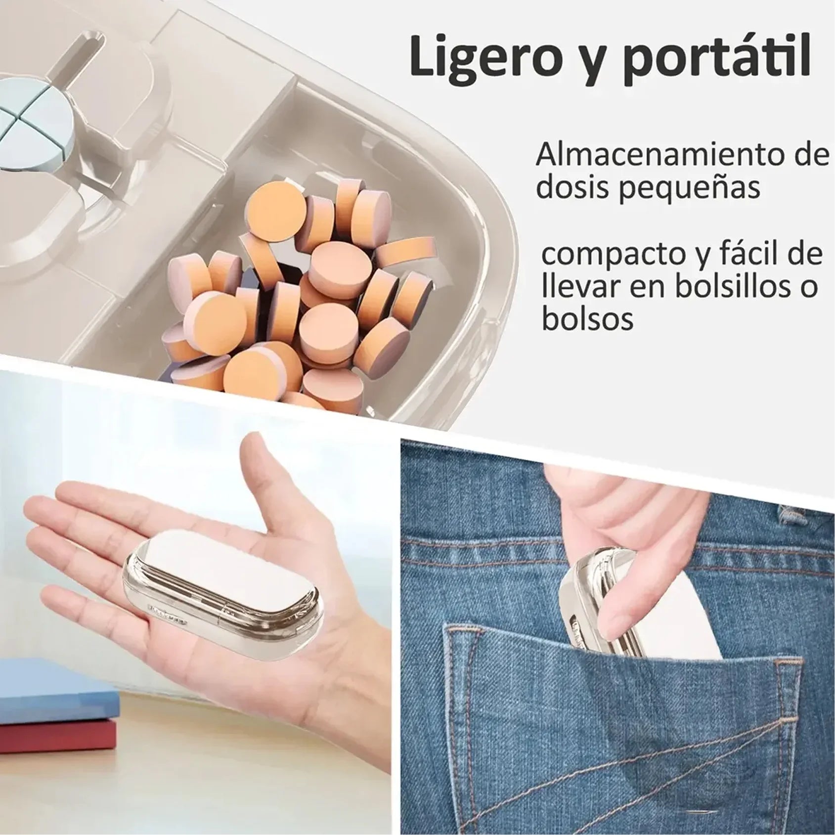 Pastillero Cortador Portátil 4 en 1 con Corte 1/2, 1/3 y 1/4